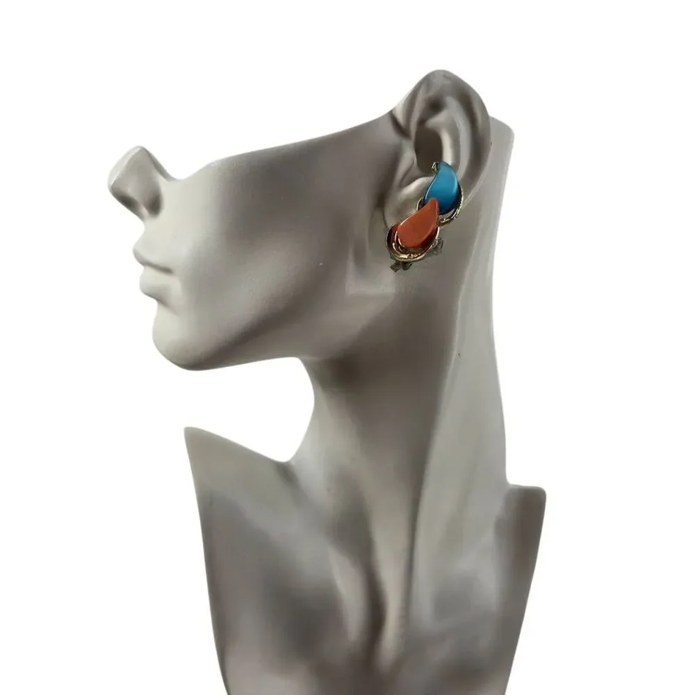 1980s Blue Orange Acrylic Gold Tone Clip-On Earrings | Sculptural